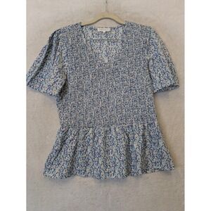 Sweet Salt Womens Blue Floral Smocked Peplum Top V-Neck Short Sleeve Medium